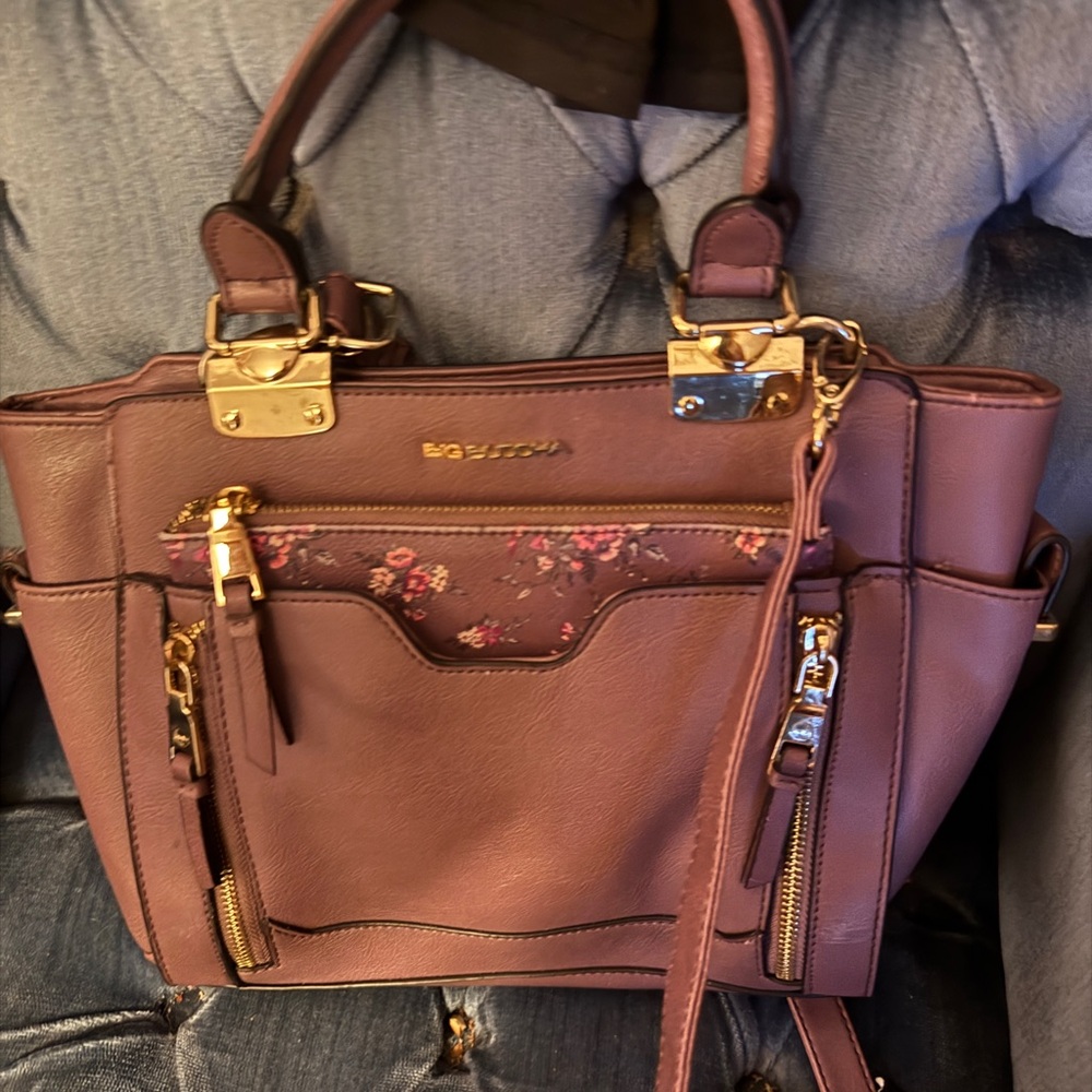 Big Buddha Mauve Floral Accent Shoulder Bag with Gold Hardware